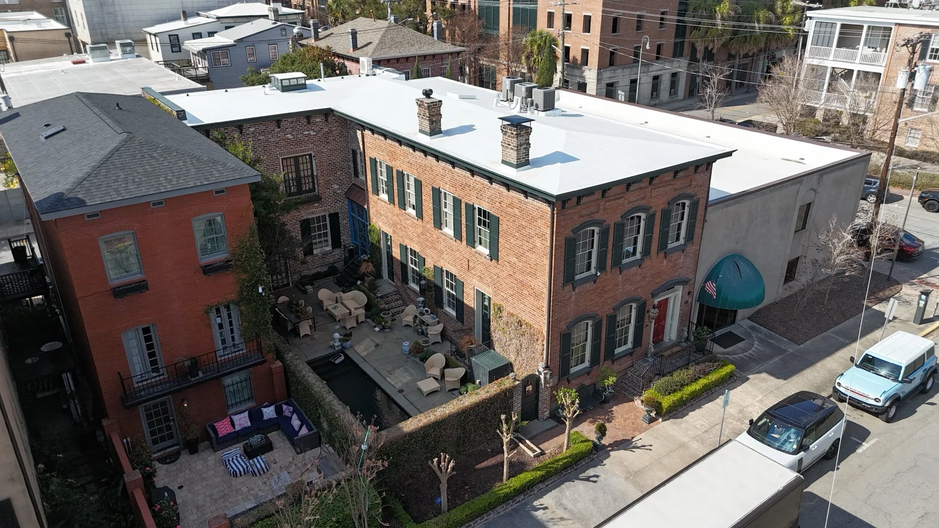 An aerial view of rooftops in Savannah's historic district
